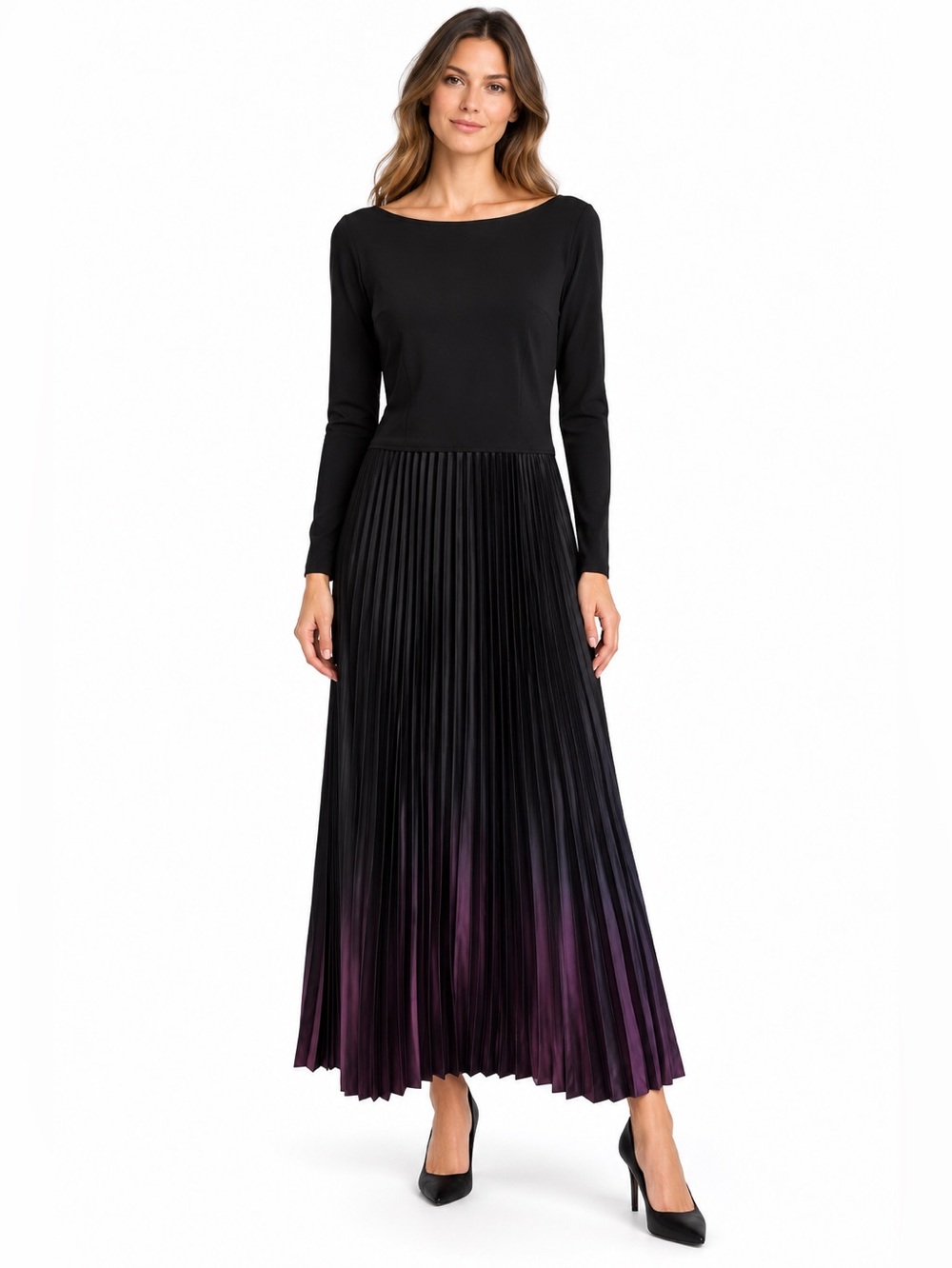 Karl Lagerfeld black burgundy elegant pleaded long sleeves midi dress women XS/S